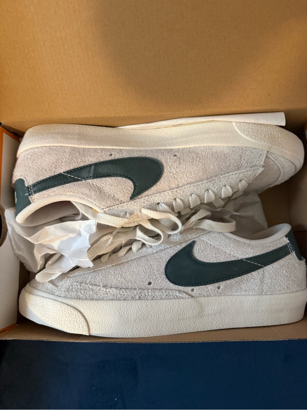 Nike Women’s Suede Low-Top Sneakers in Off-White with Dark Green Swoosh